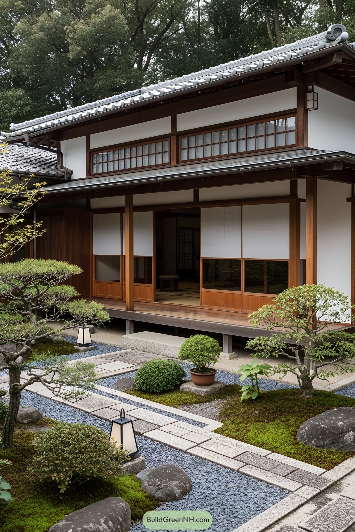 Traditional Japanese house with a serene garden and porch