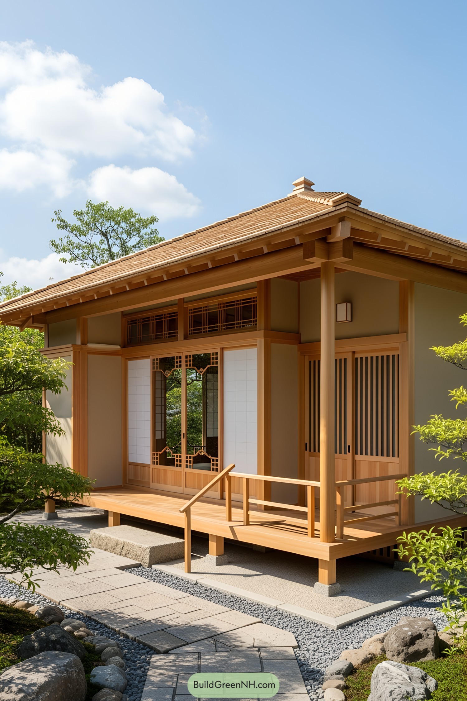 Charming Japanese porch with wooden elements and lush greenery