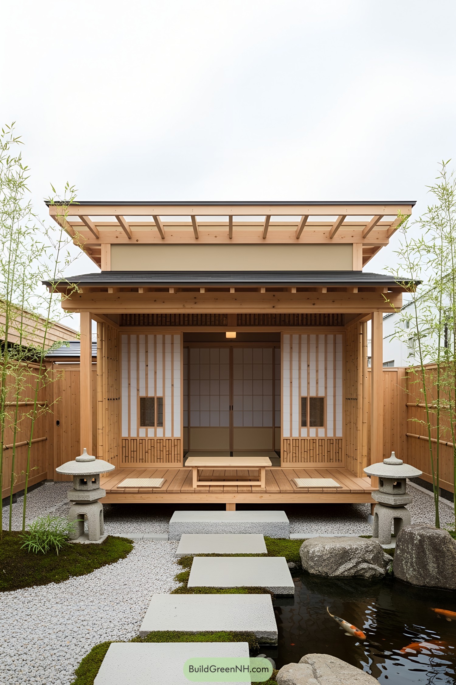 Traditional Japanese porch with wooden elements and shoji screens