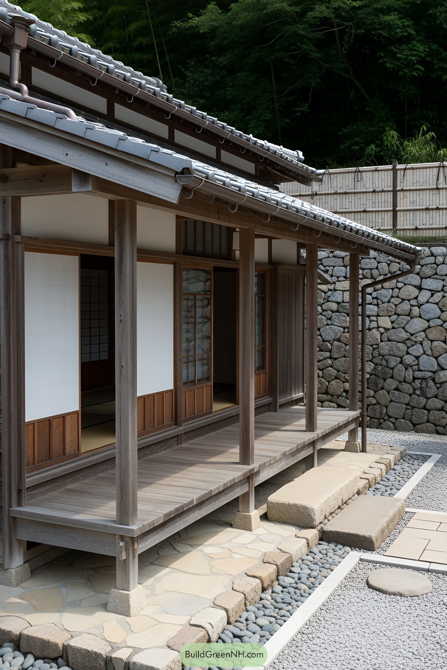 Traditional Japanese porch with wooden deck