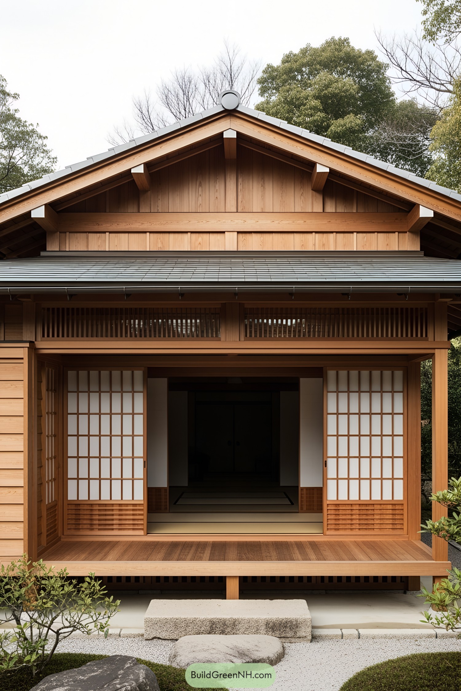 Traditional Japanese wooden porch with sliding doors