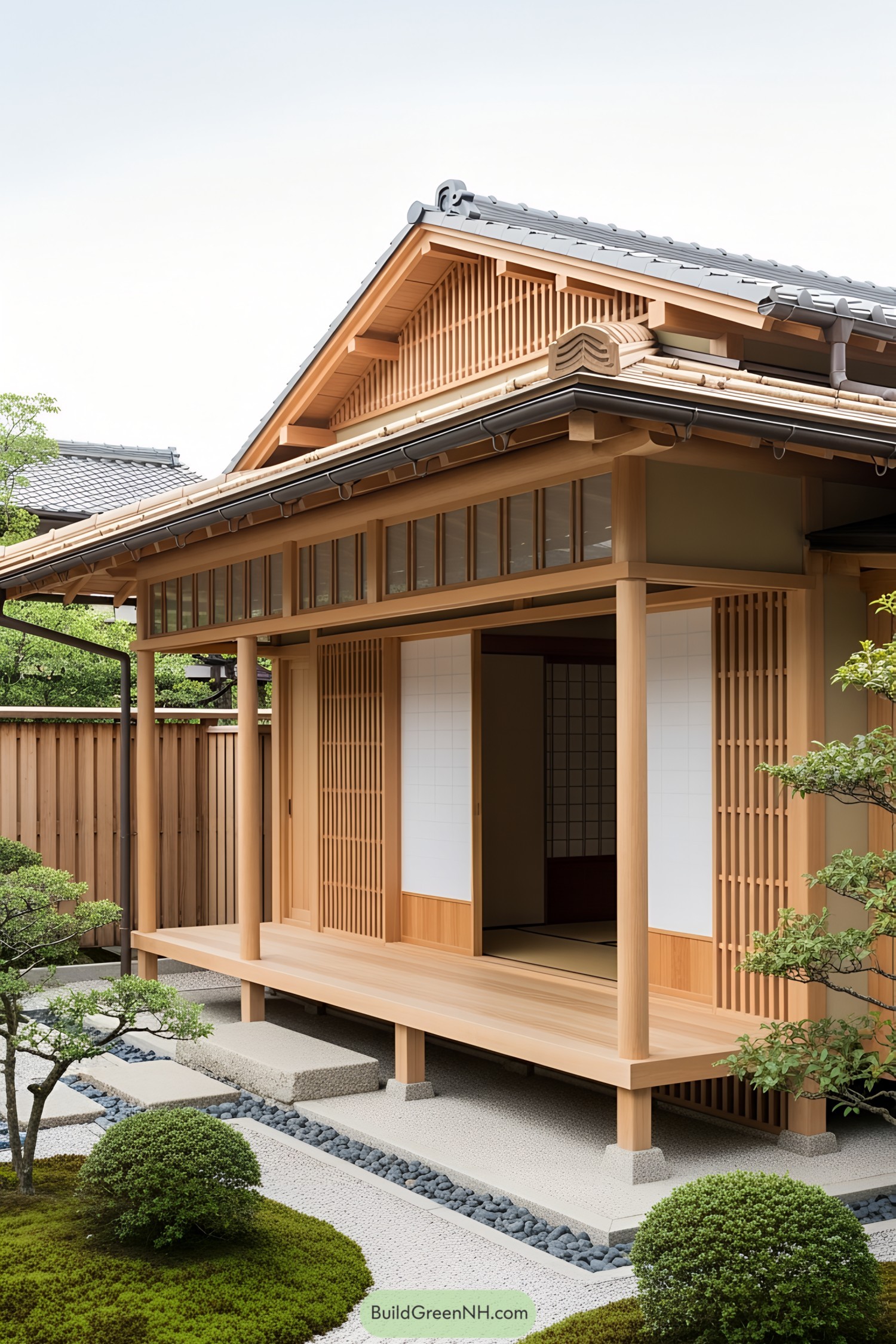 Traditional Japanese porch with wooden architecture and greenery
