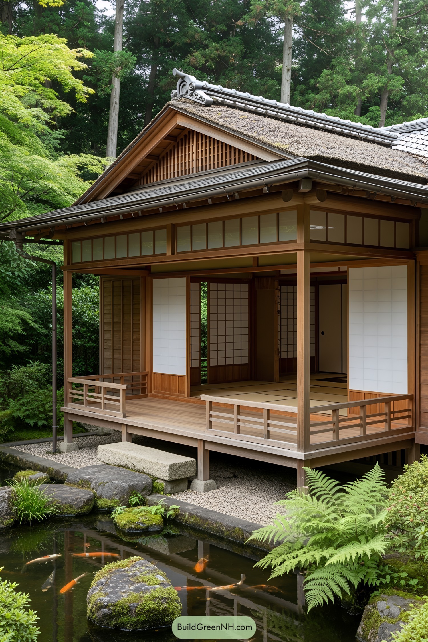 Japanese porch with wooden deck, shoji screens, and koi pond