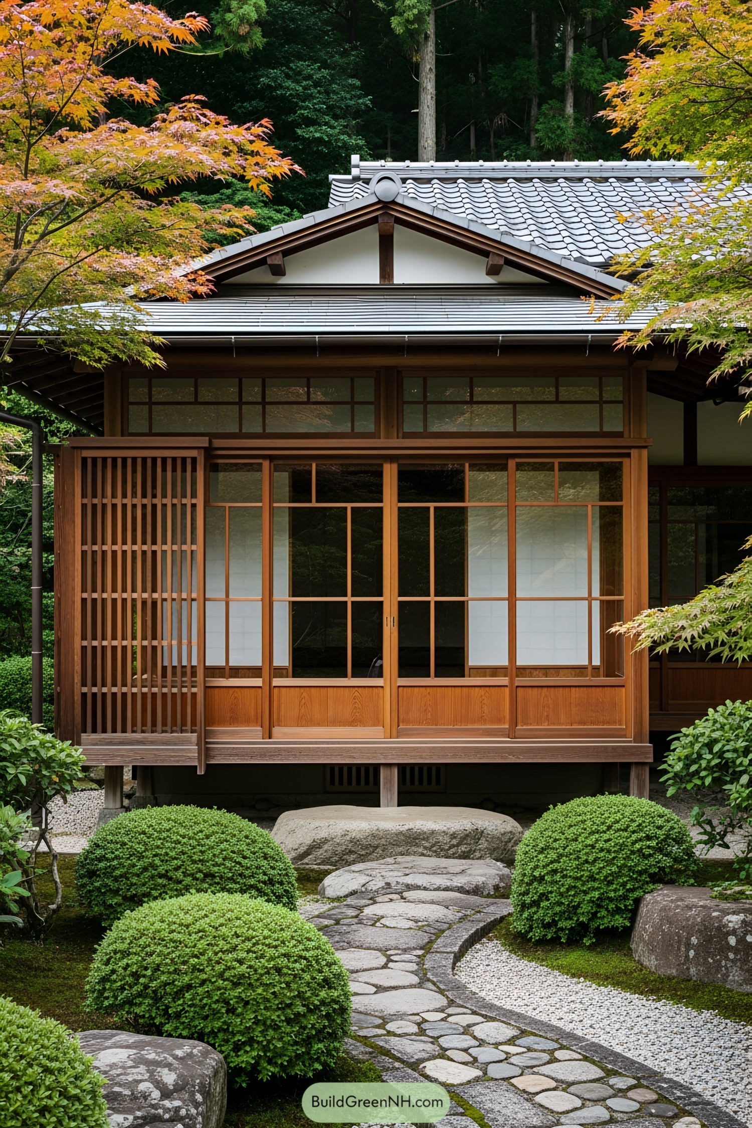 Japanese porch with wooden sliding panels amid a lush garden