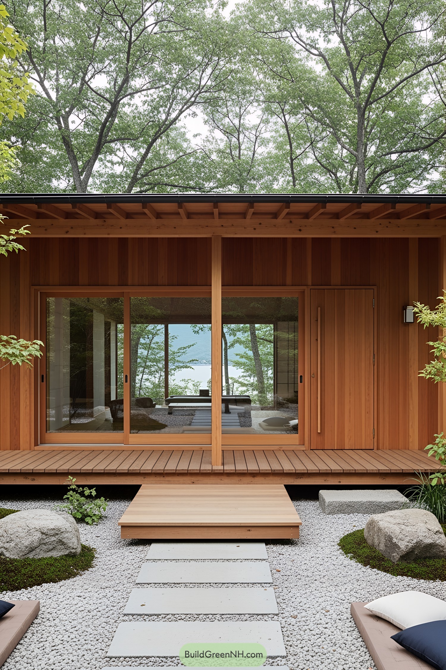 Japanese porch with wooden elements and sliding doors opening to a scenic view