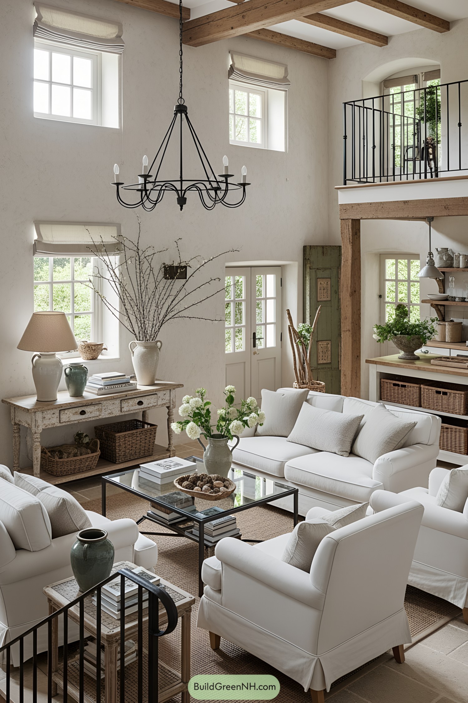 Stylish French cottage living room with elegant decor