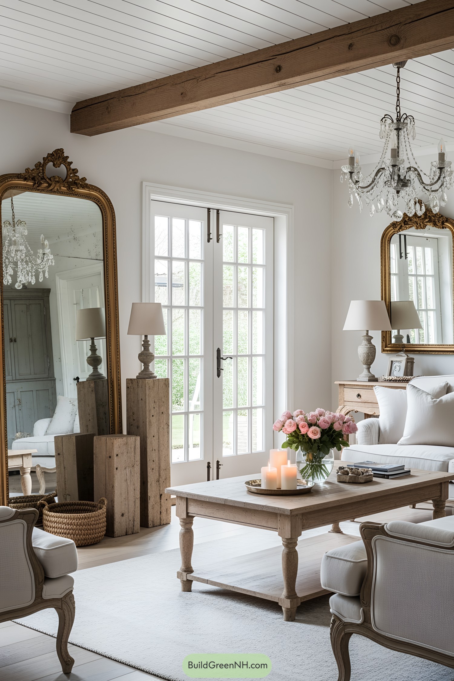 French-style living room with soft colors and vintage charm