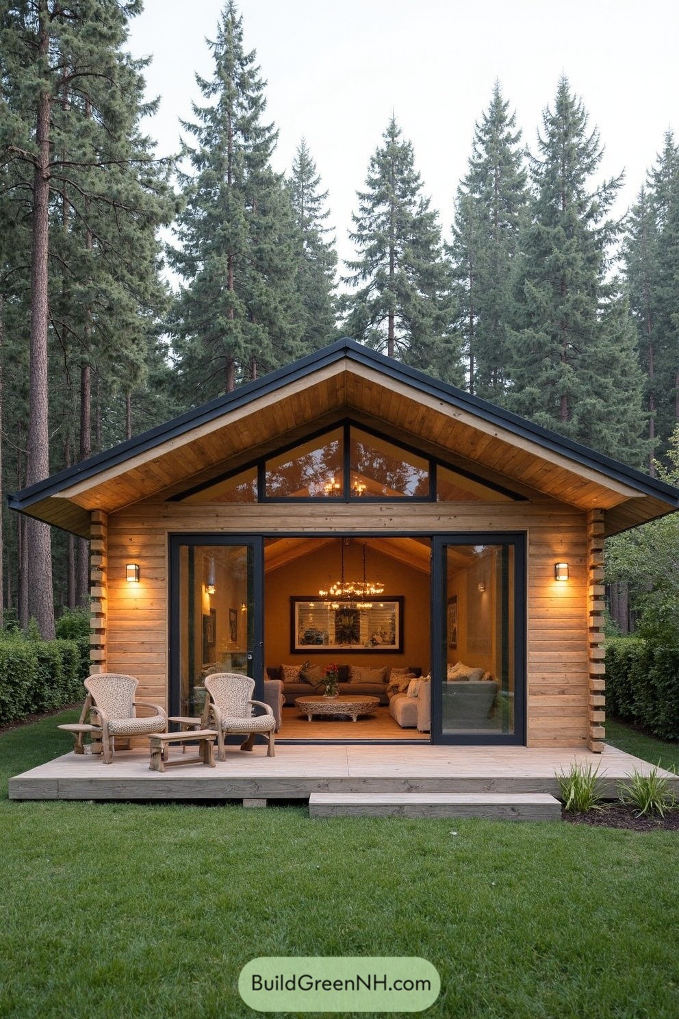 Inviting log cabin with glass doors in a forest