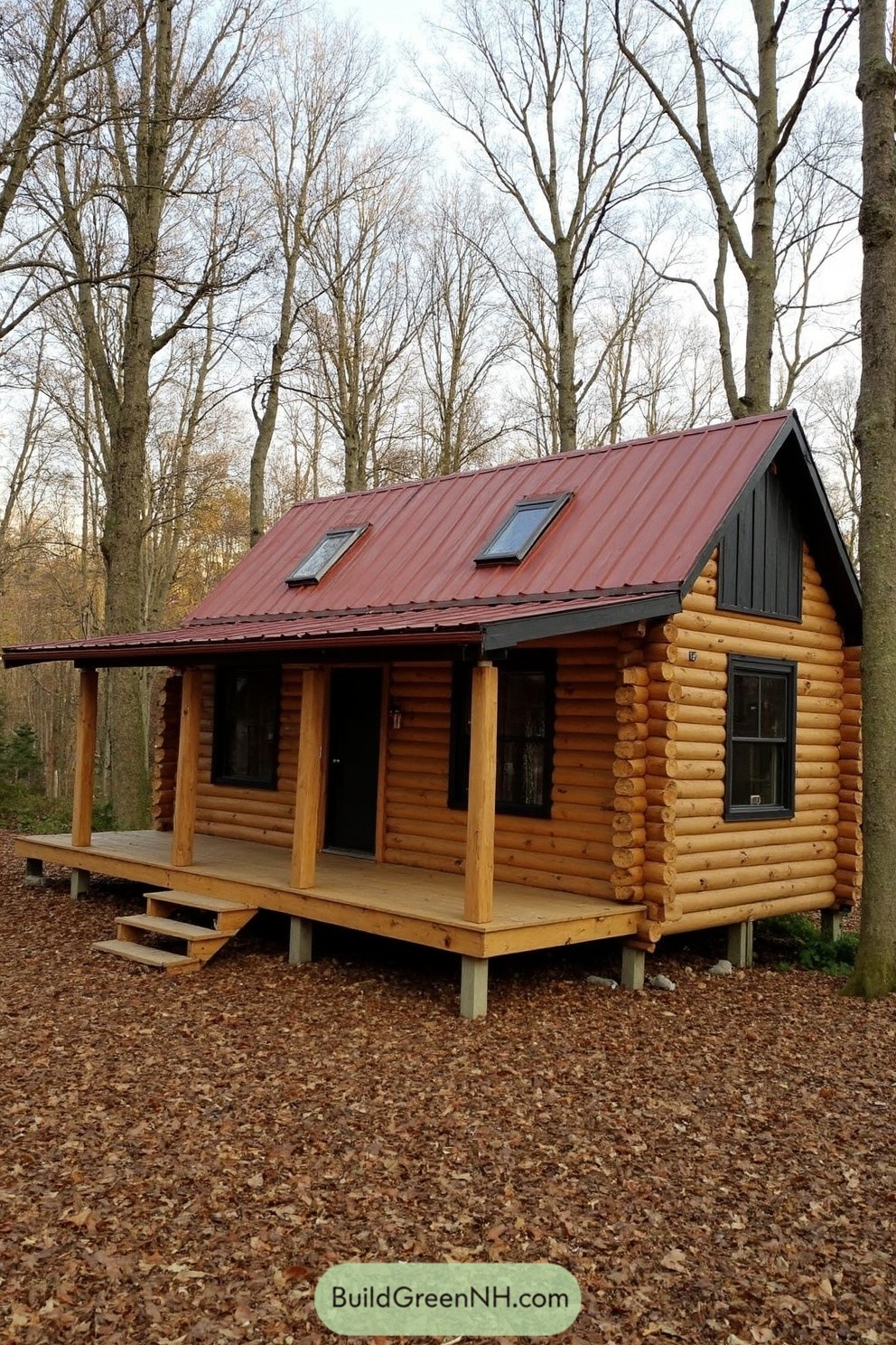 Cozy log cabin with a red roof in a forest setting