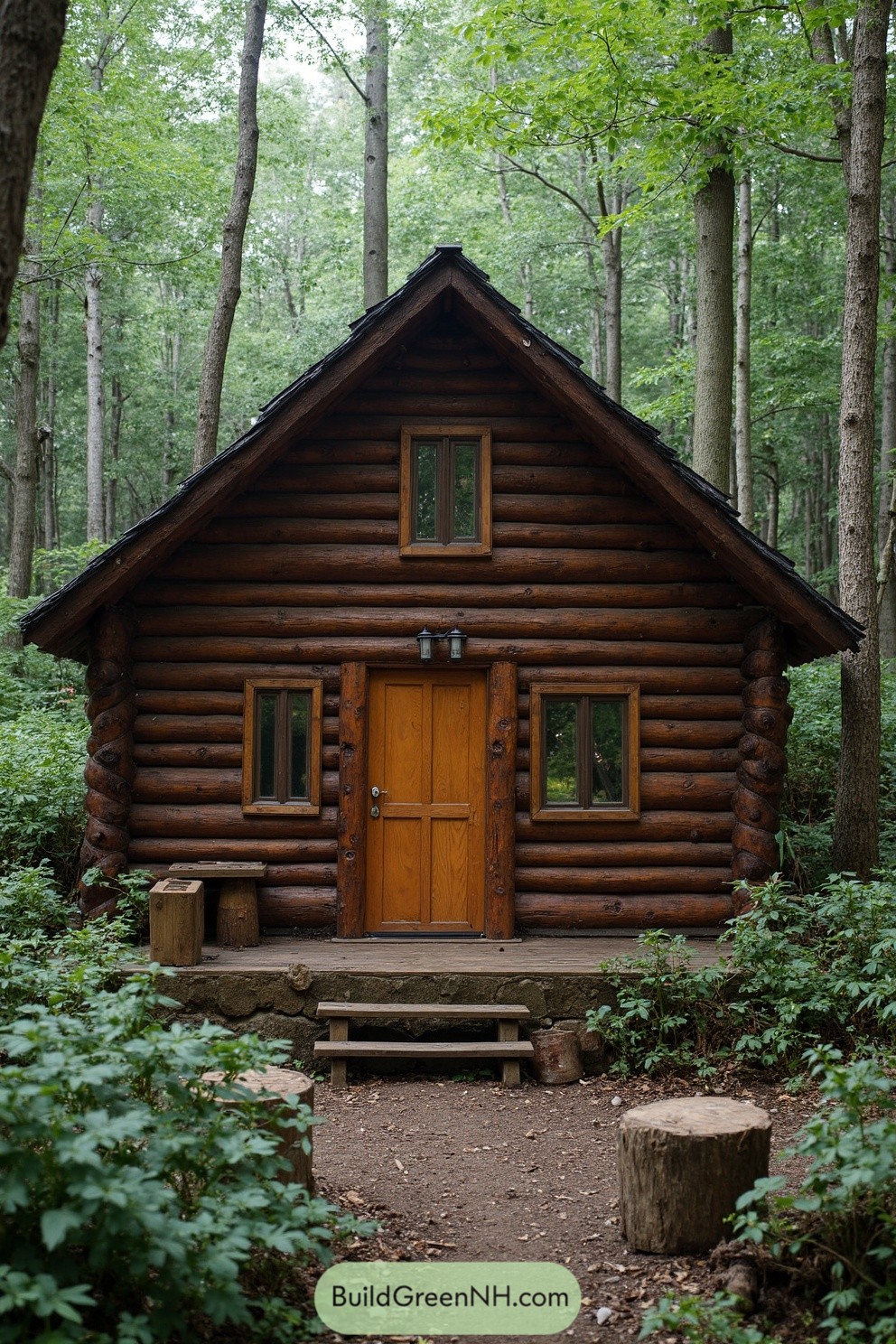 Log cabin nestled among lush greenery in the woods