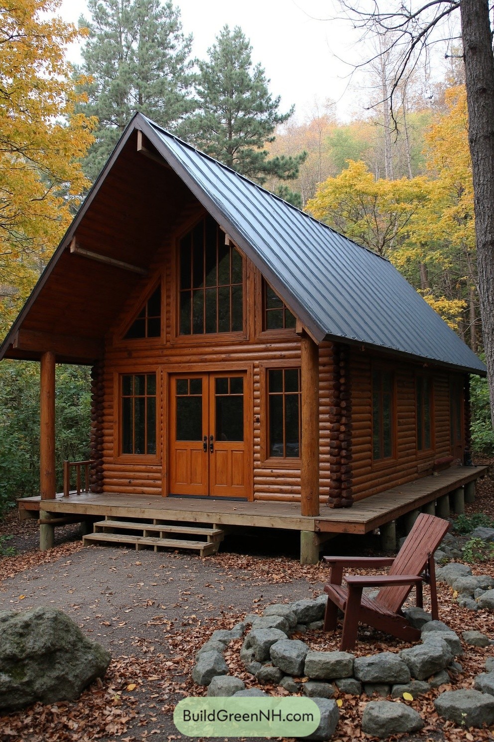 Log cabin with a front porch in an autumn forest