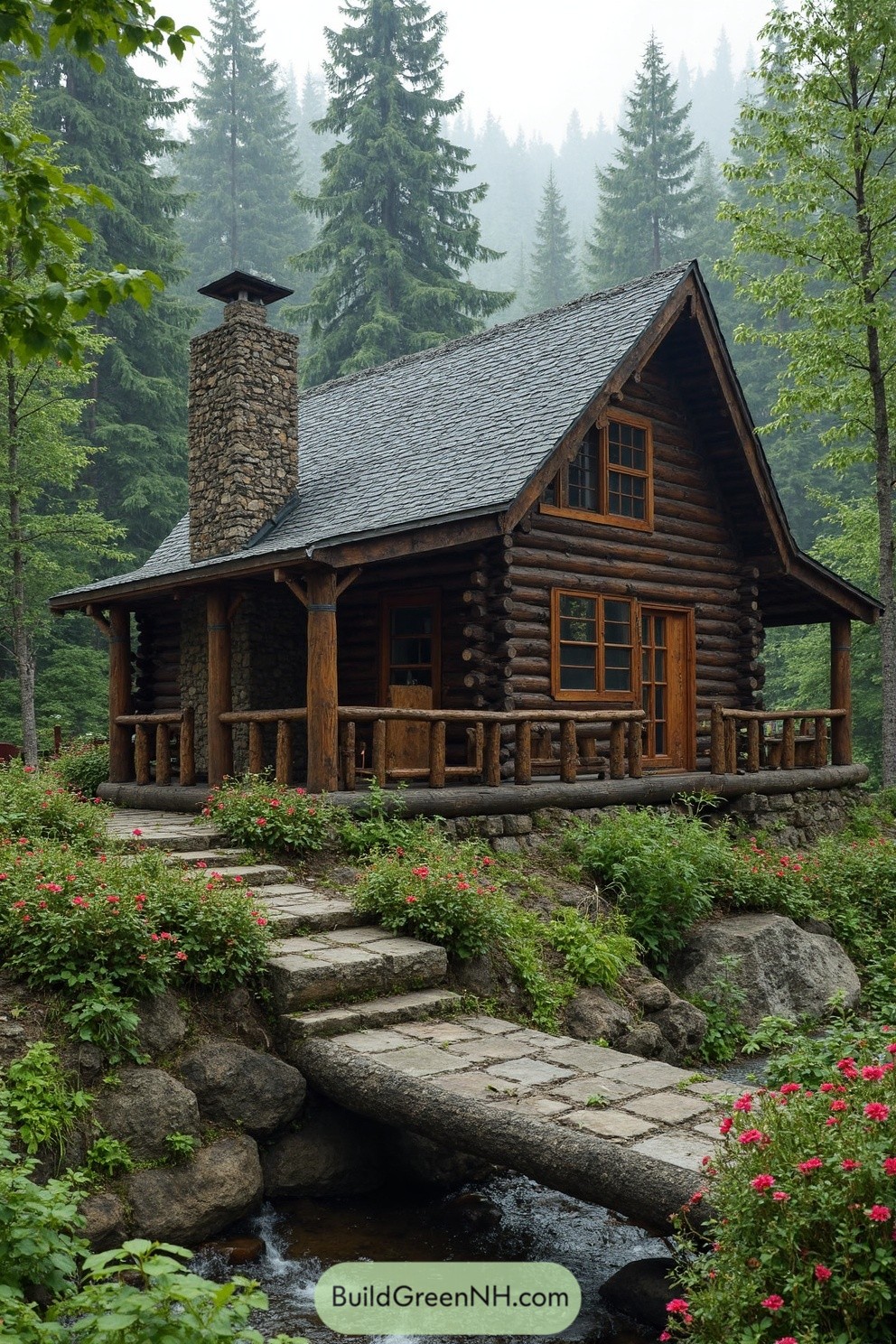Charming log cabin amidst lush greenery
