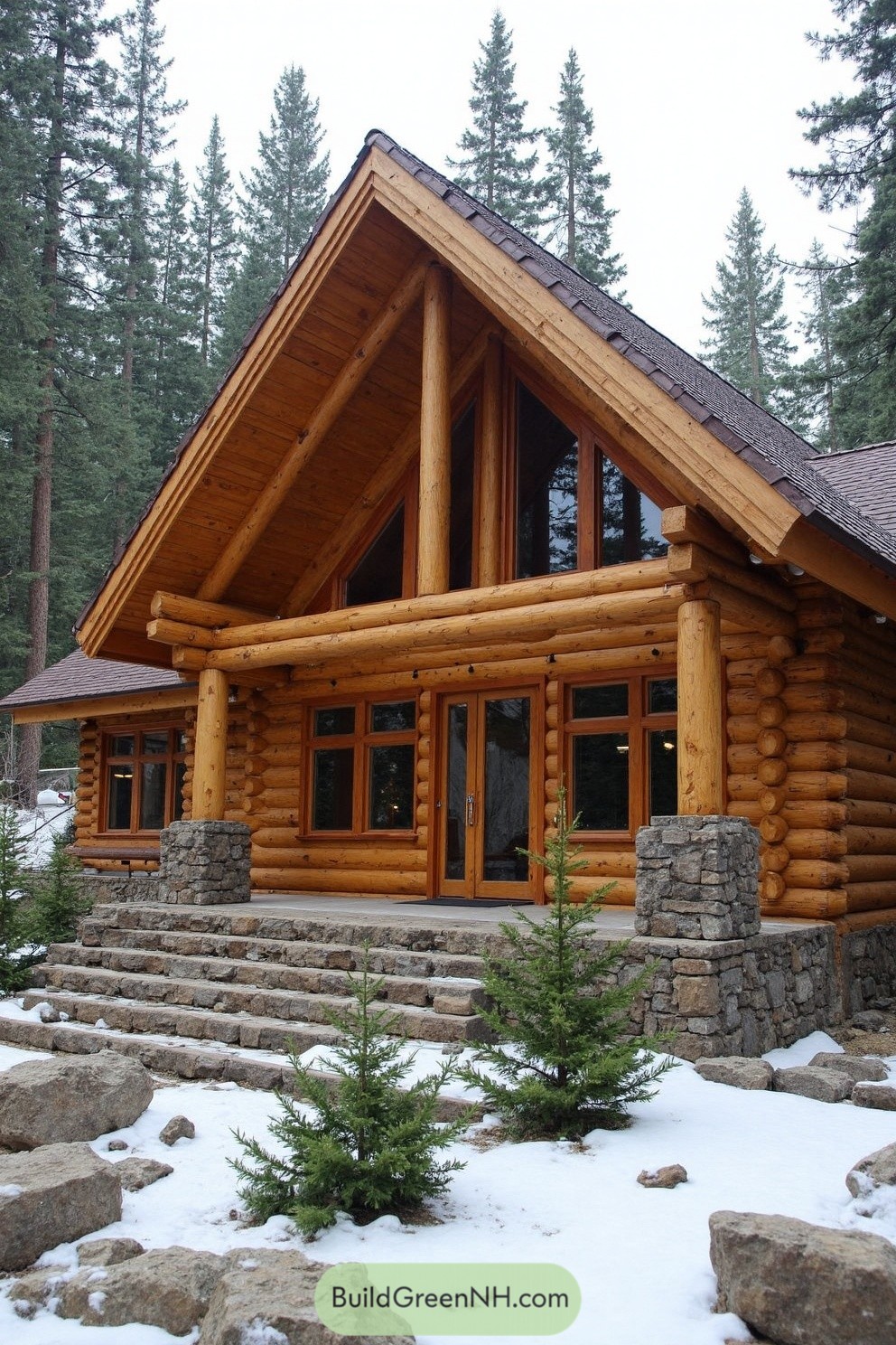 Charming log cabin surrounded by pine trees