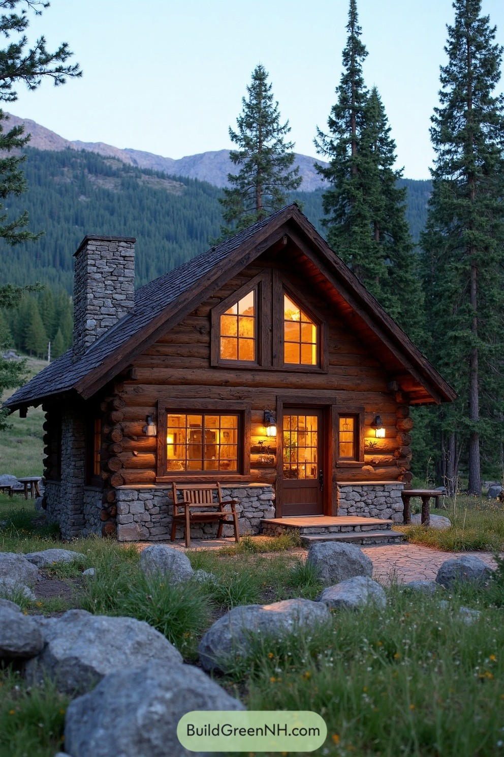Cozy log cabin with glowing windows in a forest
