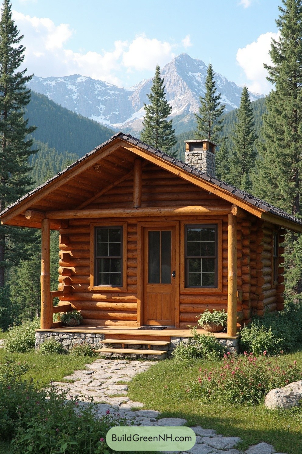 Quaint log cabin in the mountains surrounded by trees