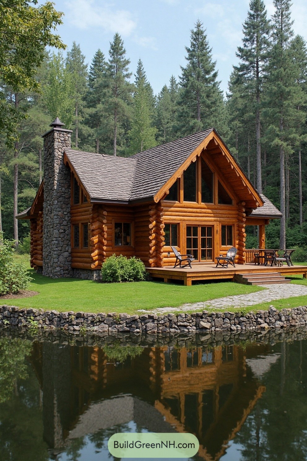 Rustic log cabin by a pond in a forest setting