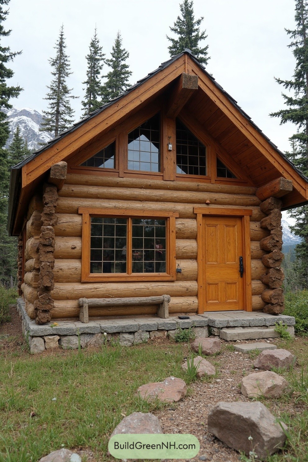 Log cabin with stone path and wooden bench