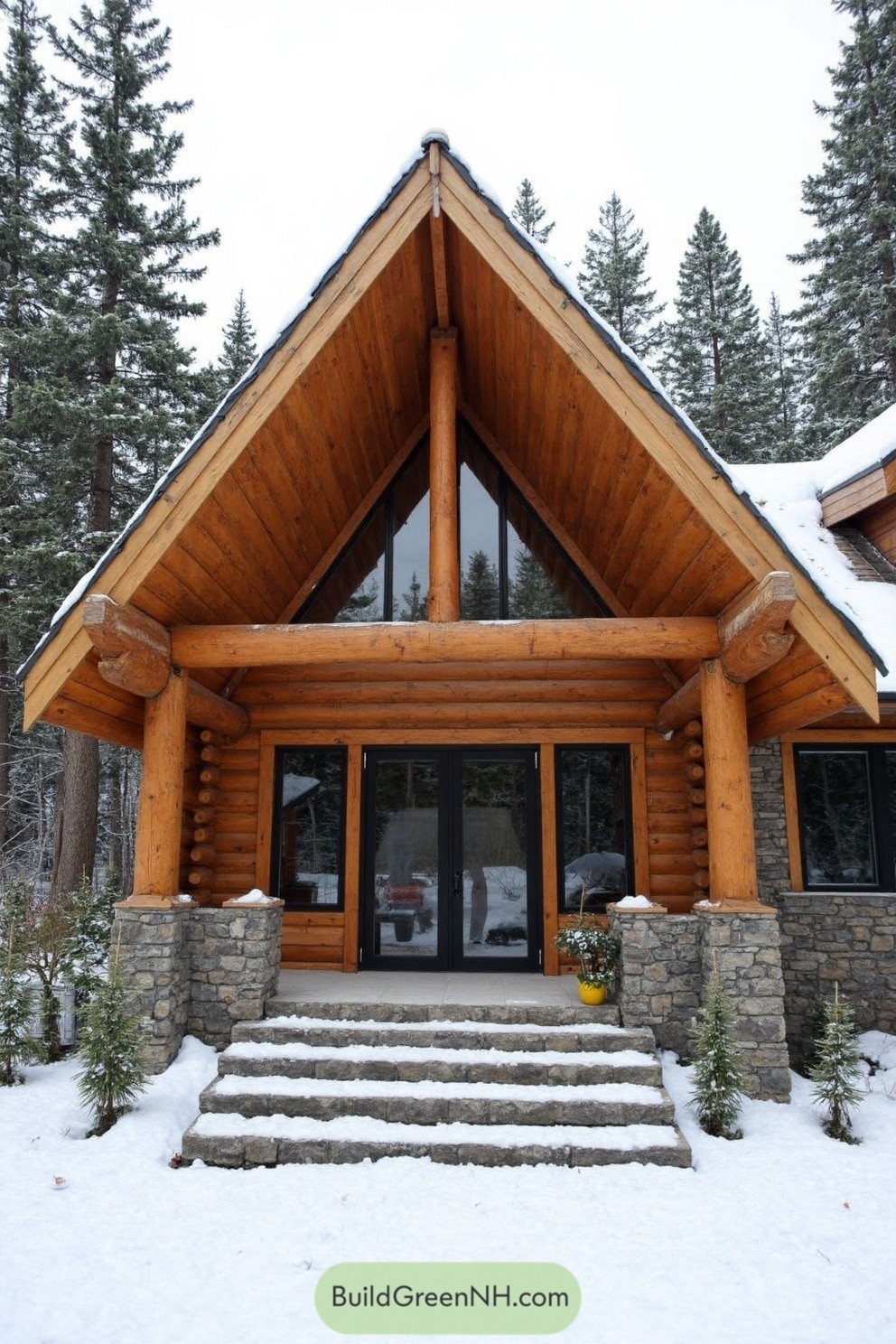 A-frame log cabin with snowy steps
