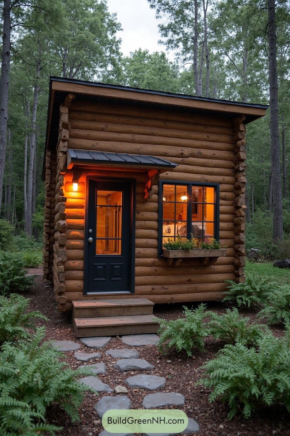 Small log cabin with lit porch in forest setting
