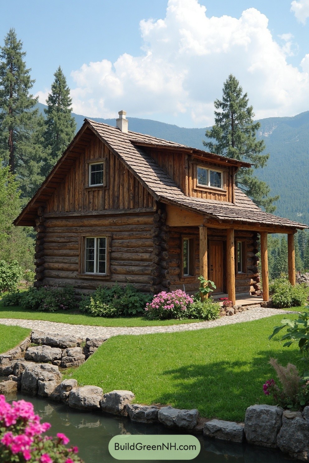 Charming log cabin with lush garden and mountain backdrop