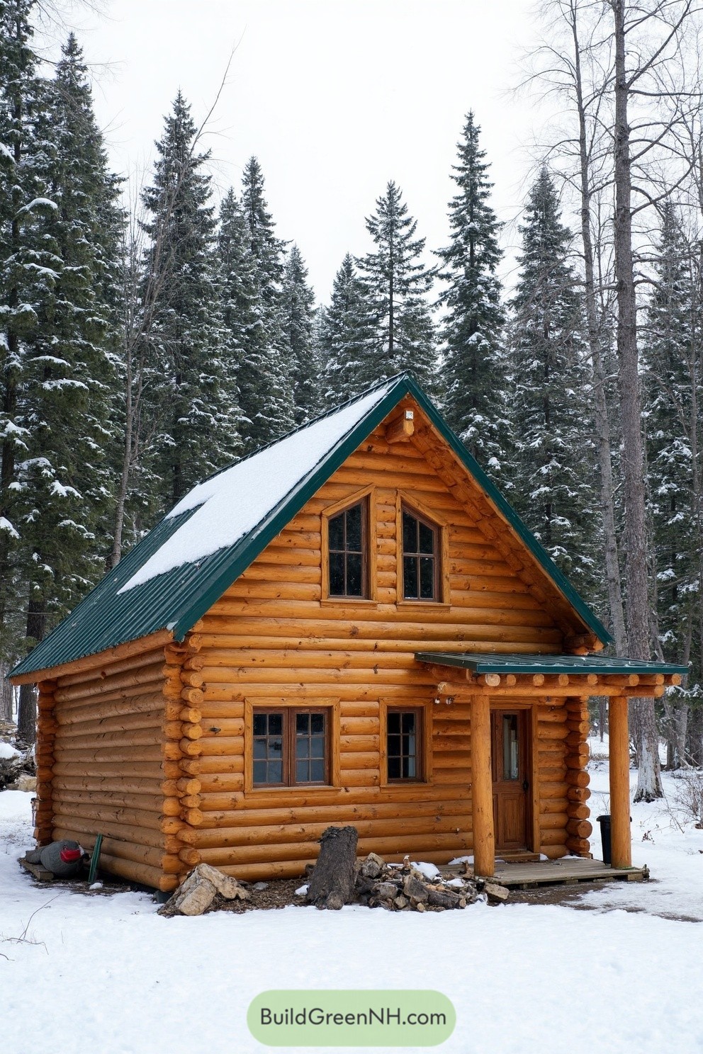 Cozy log cabin in a snowy forest