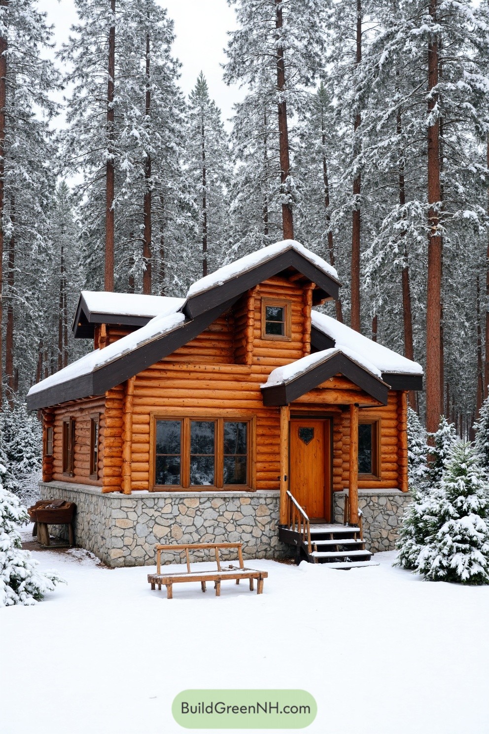 Quaint log cabin surrounded by snow and tall trees