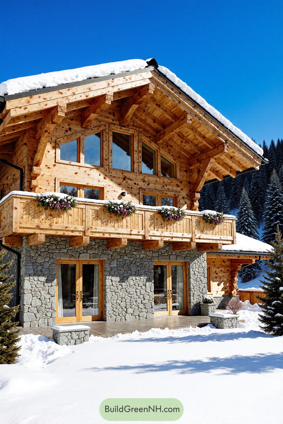 Snow-covered wooden chalet with stone accents