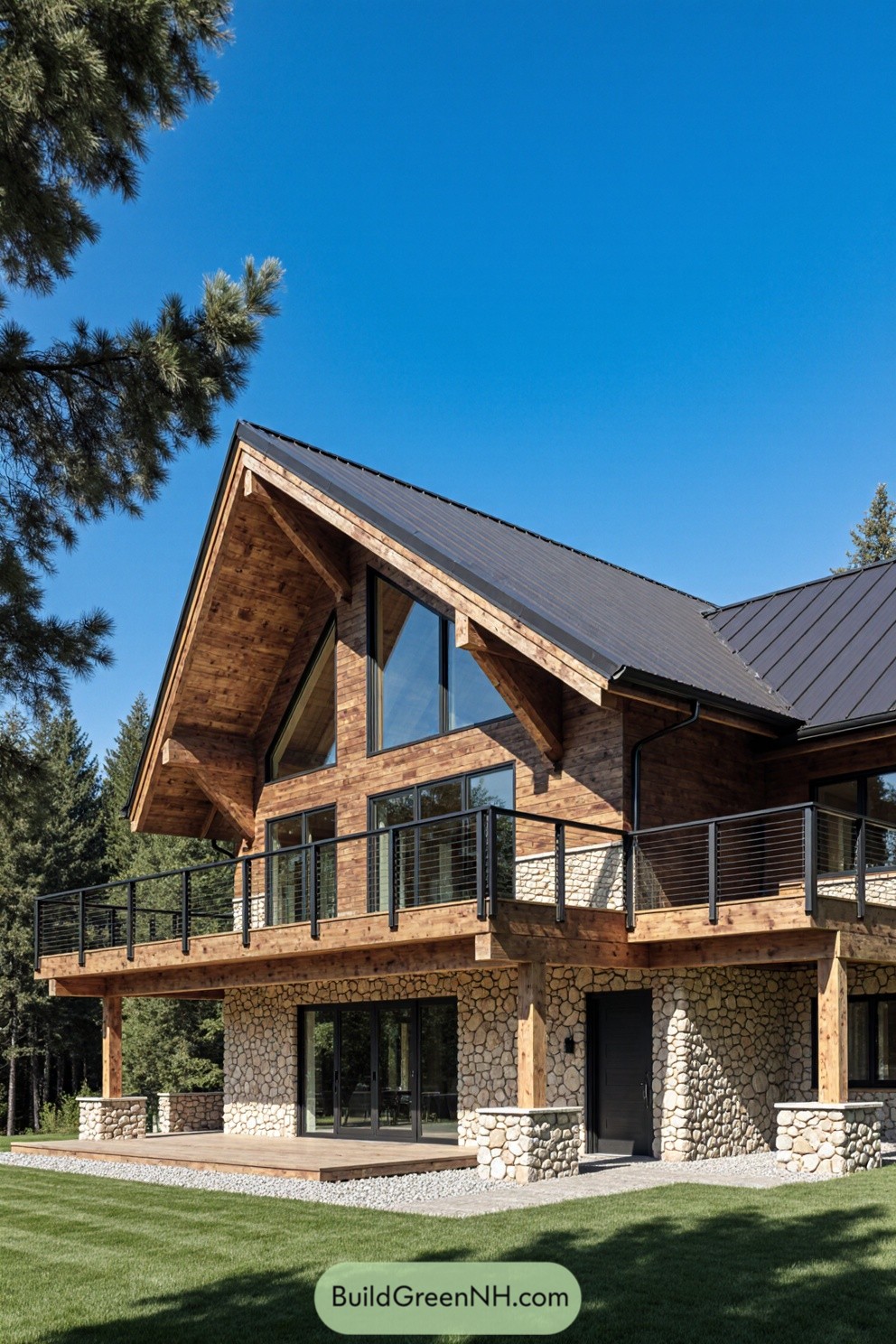 Modern cottage with a wooden upper deck and stone facade