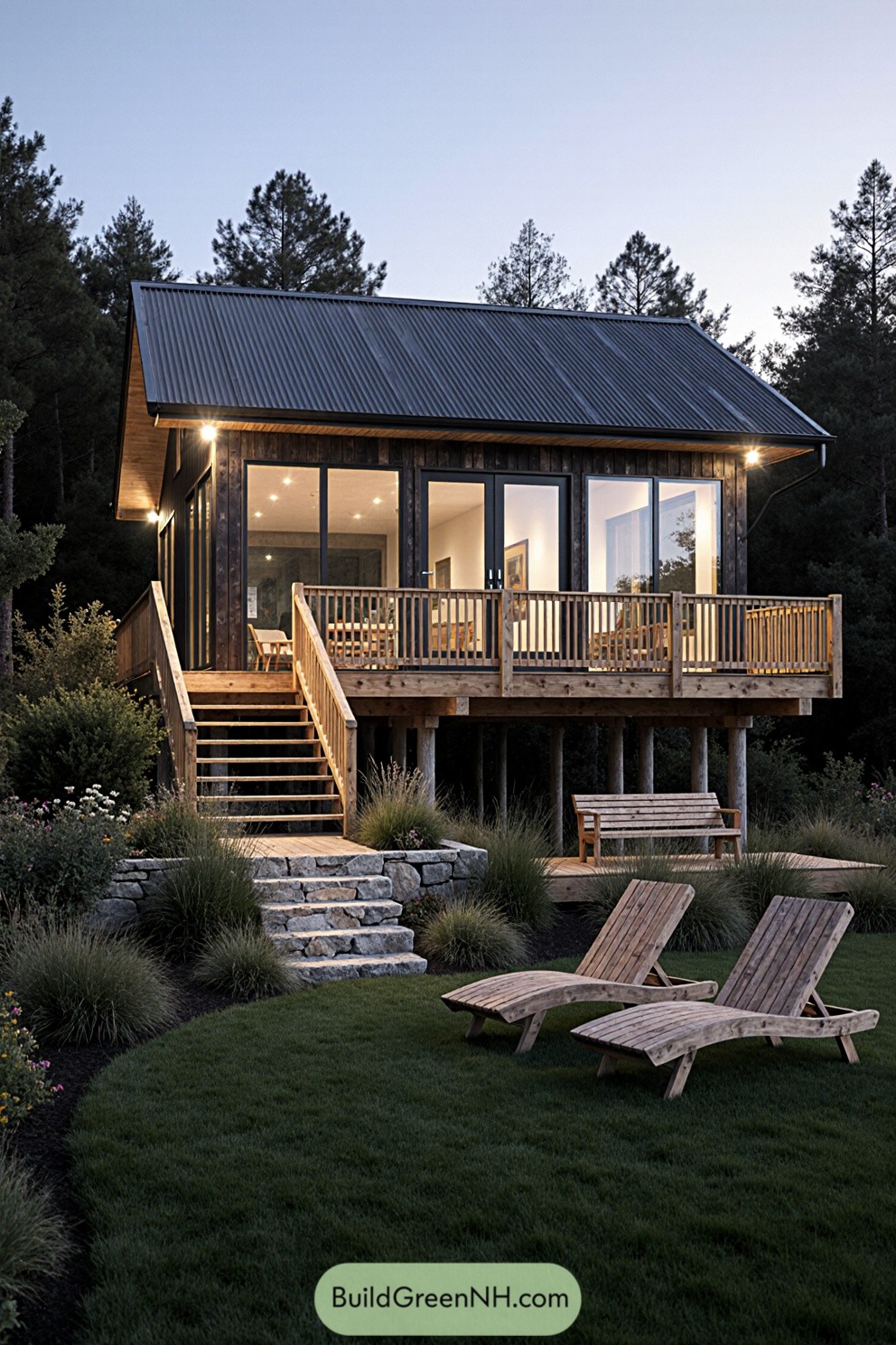 Modern cottage with wooden deck in forest setting