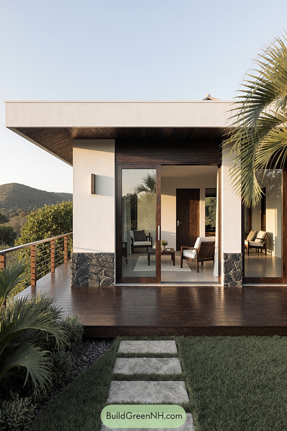 Compact modern cottage with a stone base and wooden accents