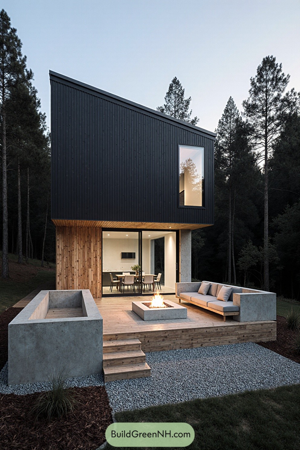 Modern wood-and-glass house with a firepit, surrounded by tall trees