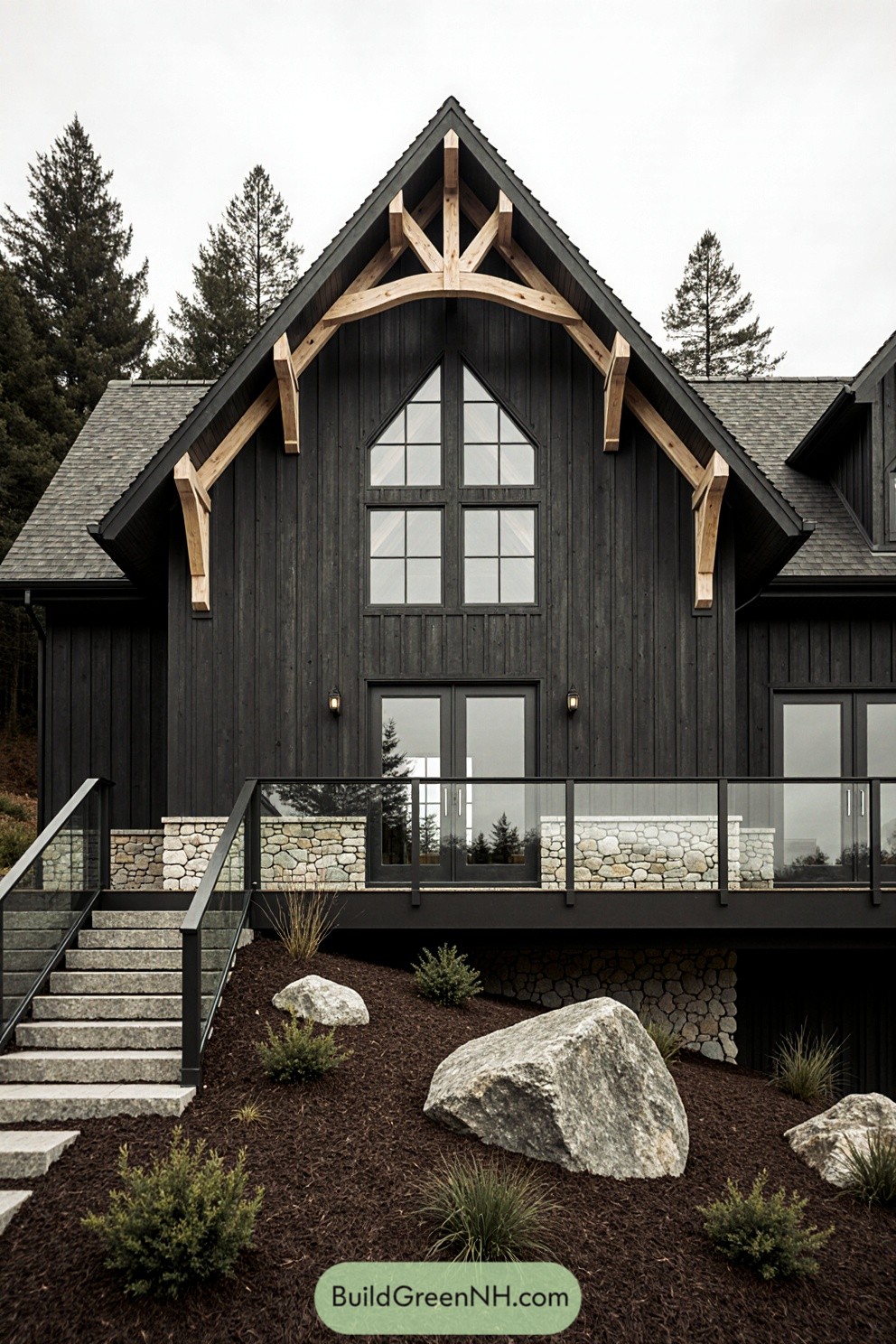 Luxurious black cottage with wooden accents