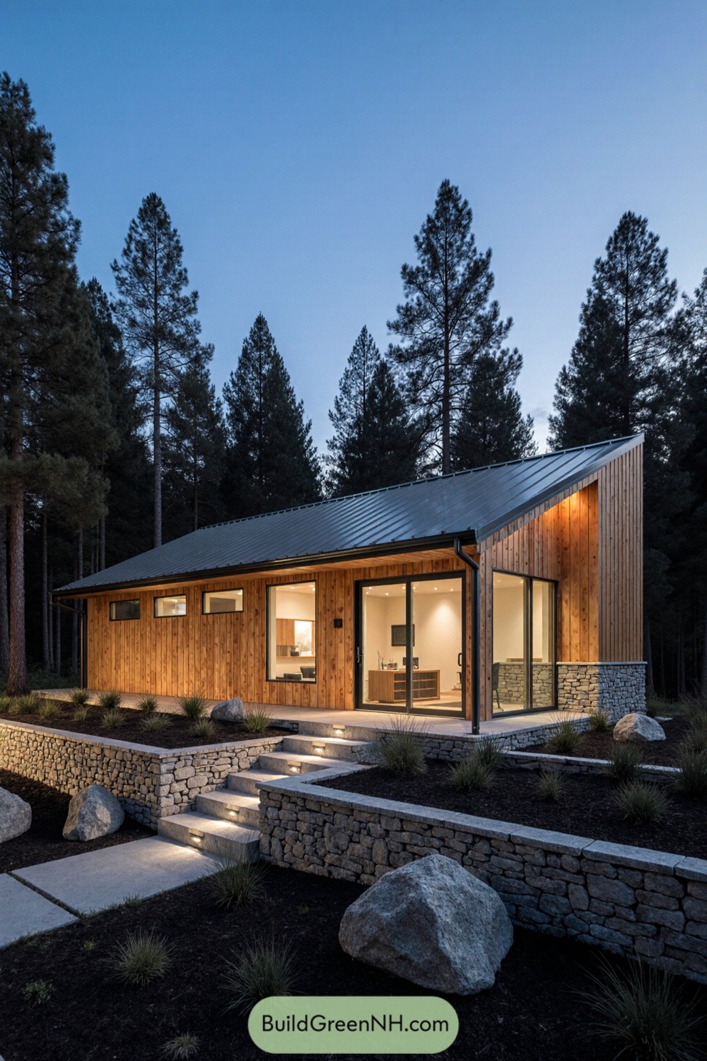 A modern wooden cottage surrounded by tall pine trees
