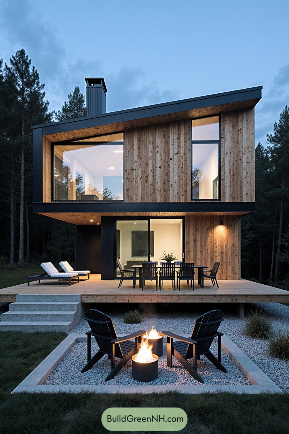 Modern two-story wooden cottage with large windows and a firepit on the patio