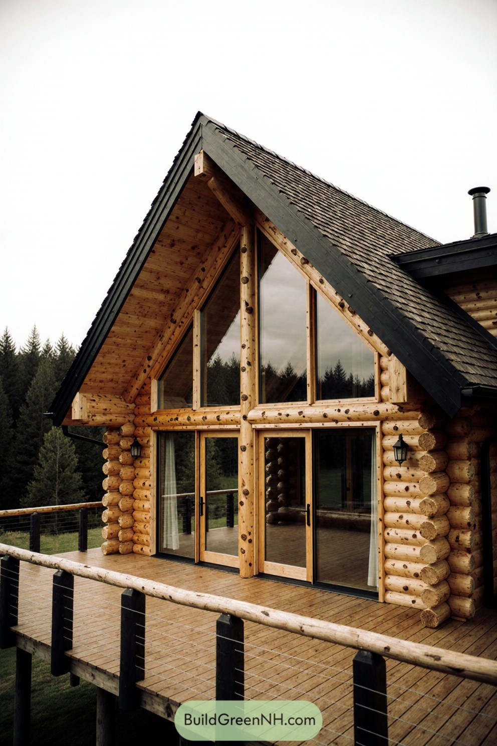 Log cabin with large windows and a spacious wooden deck