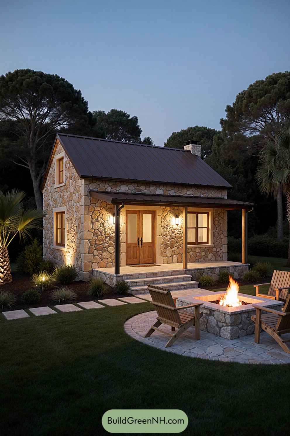 Rustic stone cottage with warm lighting