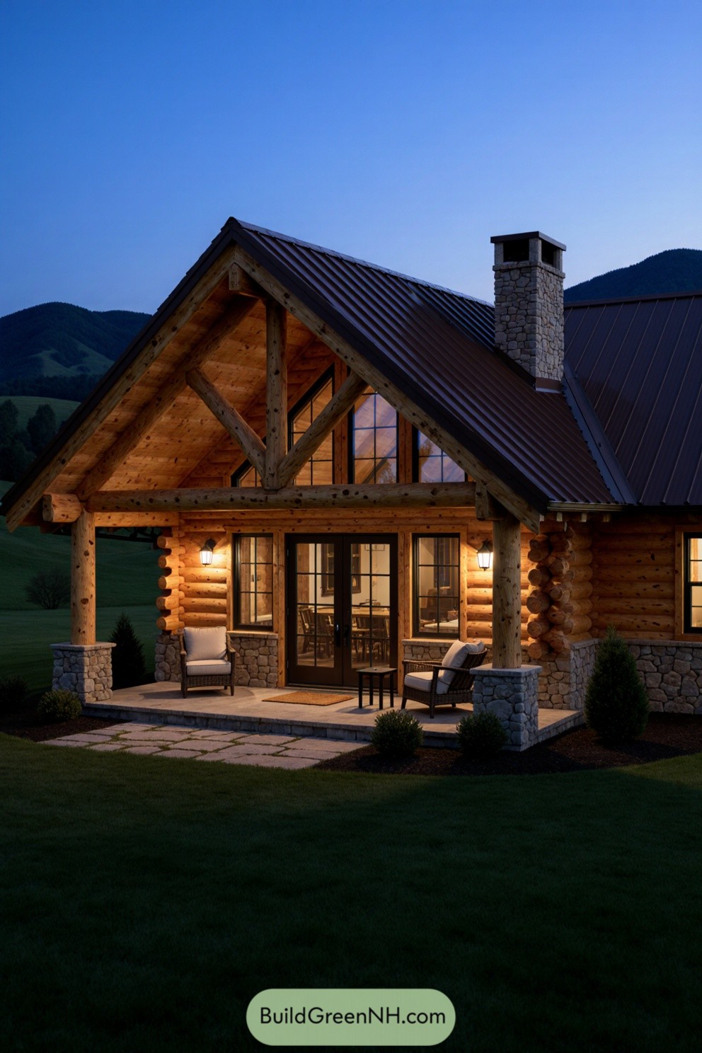 Wooden cottage with stone chimney at dusk