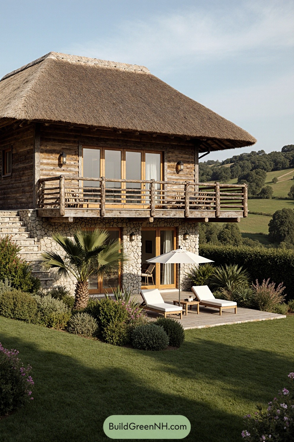 Luxury cottage with a thatched roof and lush surroundings