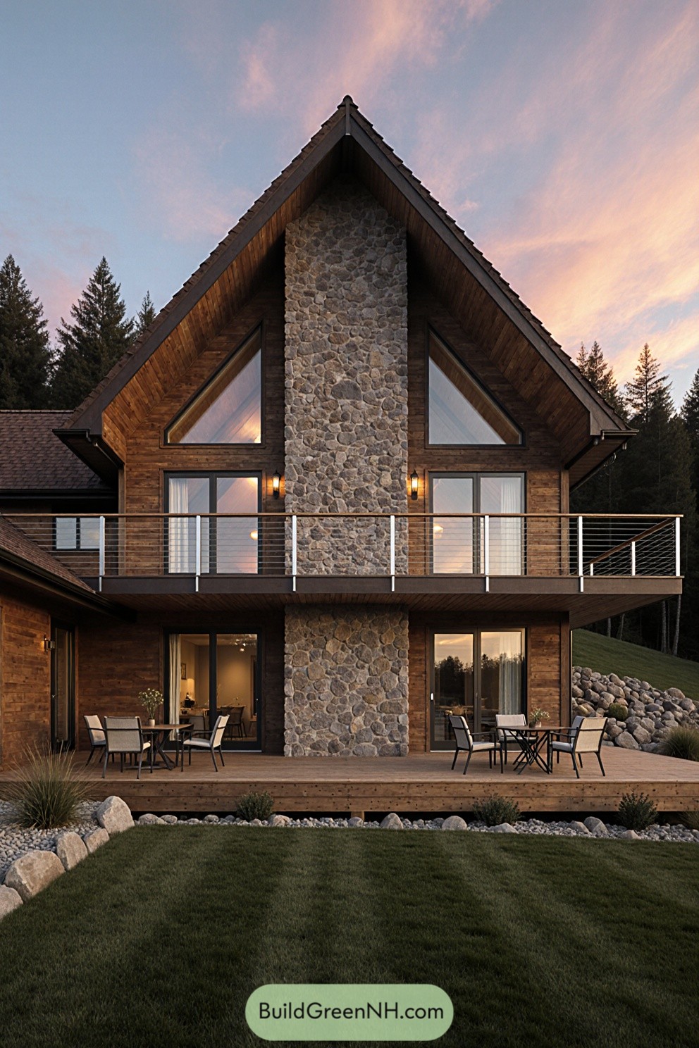 A-frame cottage with a stone facade and balcony