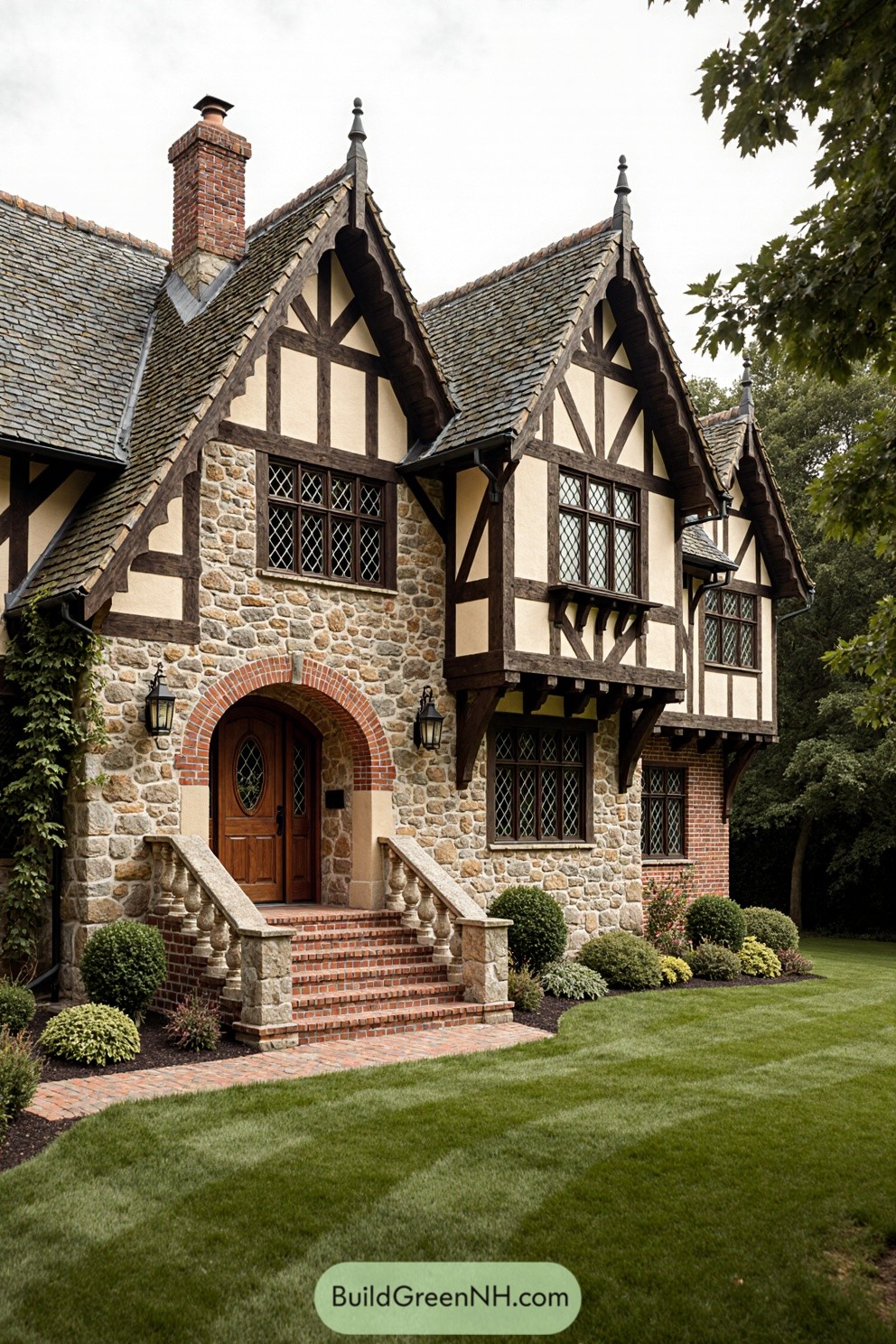 Charming Tudor-style cottage with a stone facade and lush garden