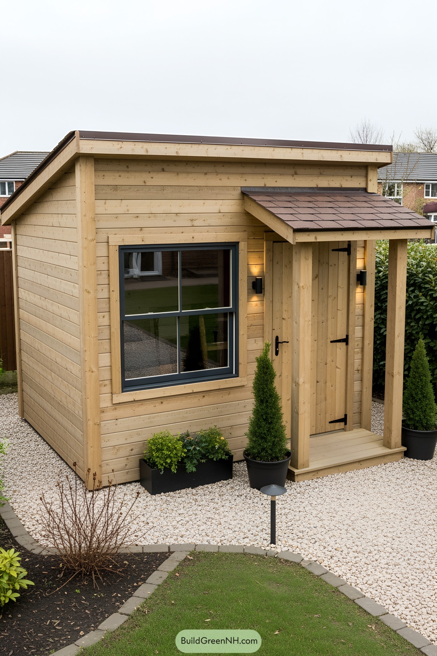 Compact wooden structure with a small porch