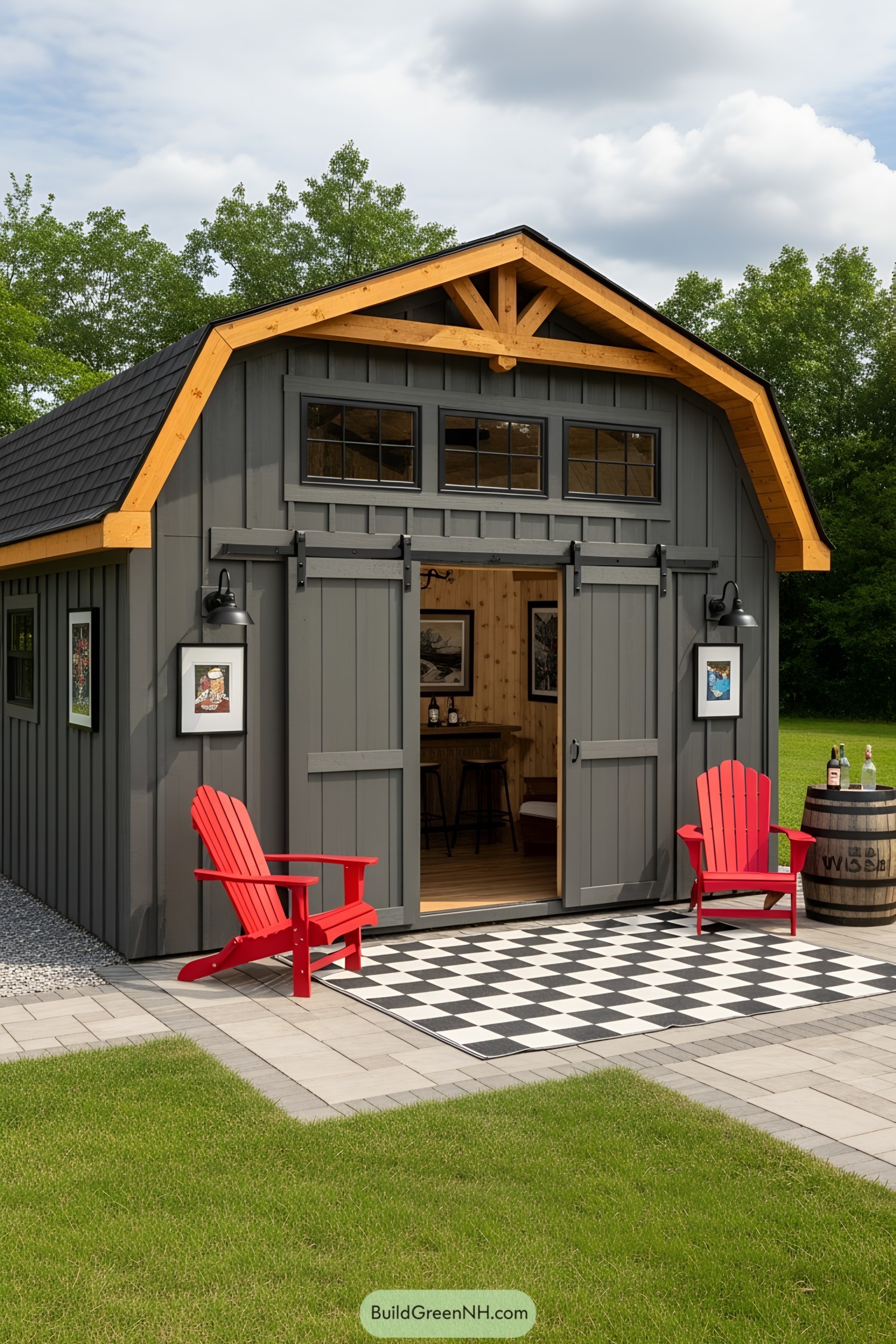 Small wooden bar shed with open double doors and red chairs