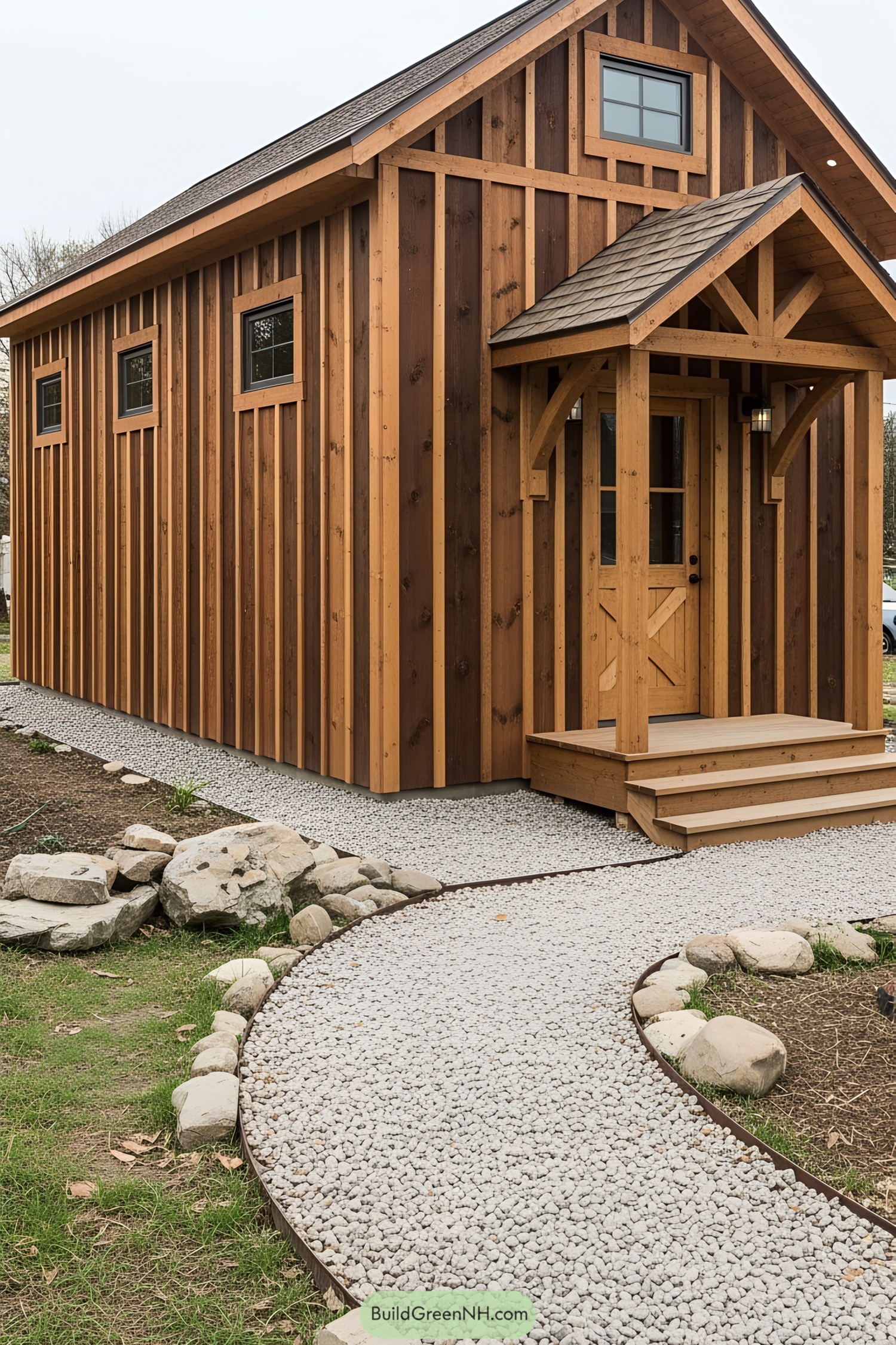 Charming wooden shed with a porch and pathway