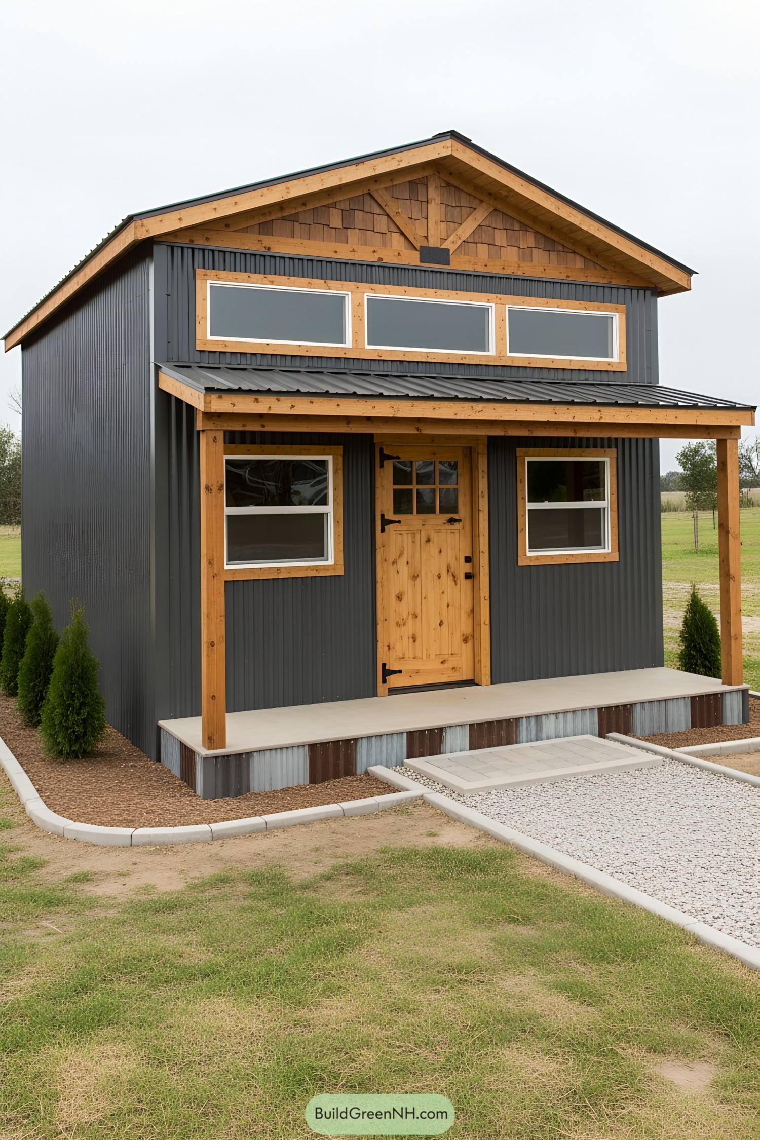 Compact shed with wooden accents and a charming porch