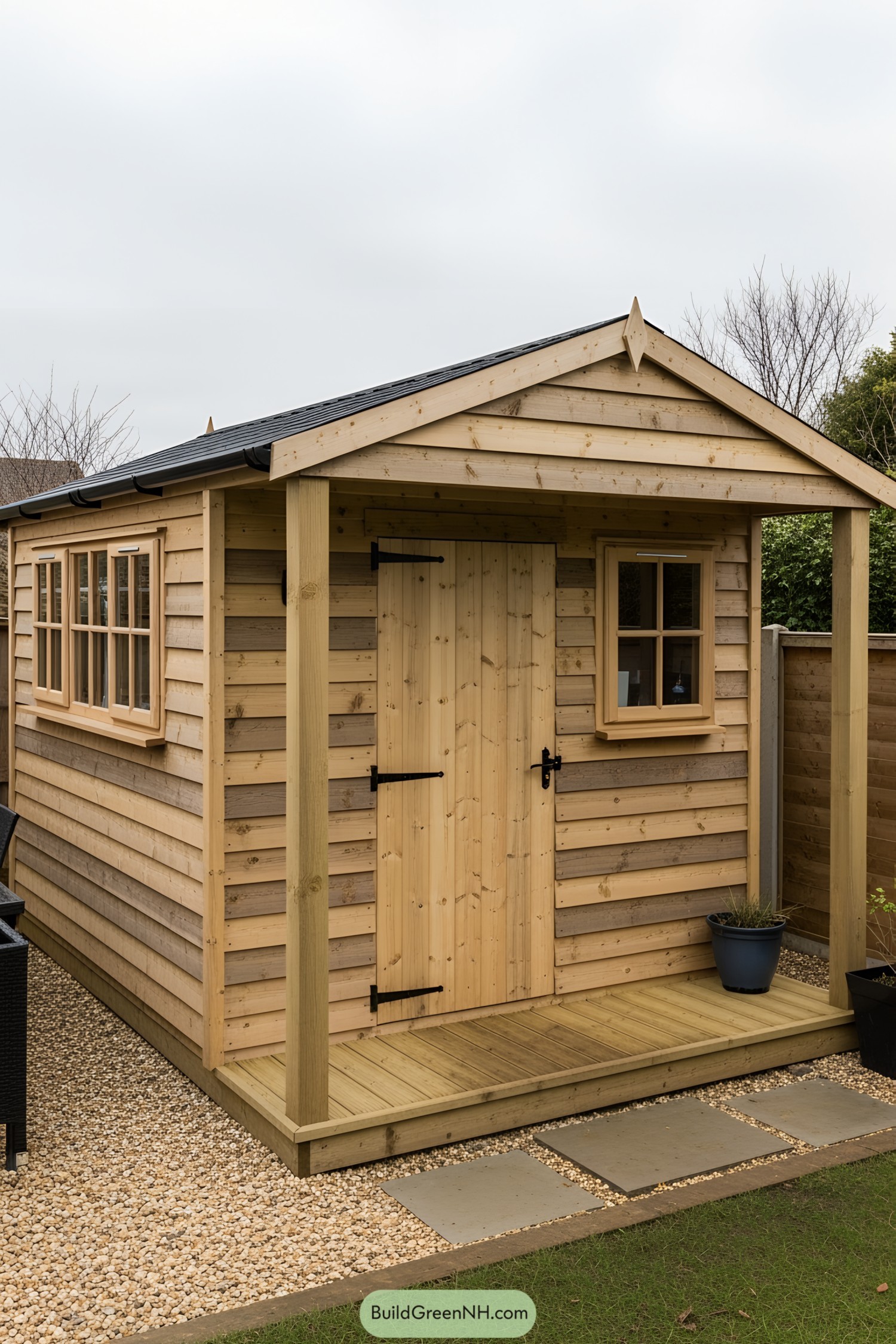 Small wooden shed with front porch