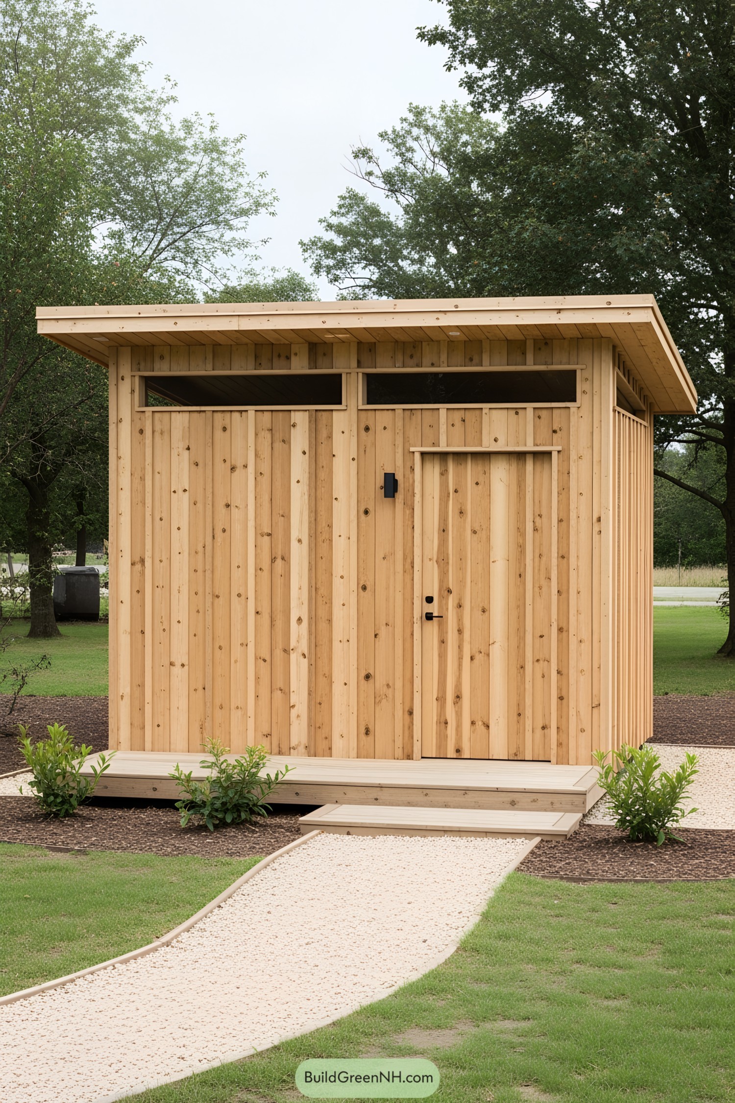 Small wooden shed with a modern design and a stone path leading to it