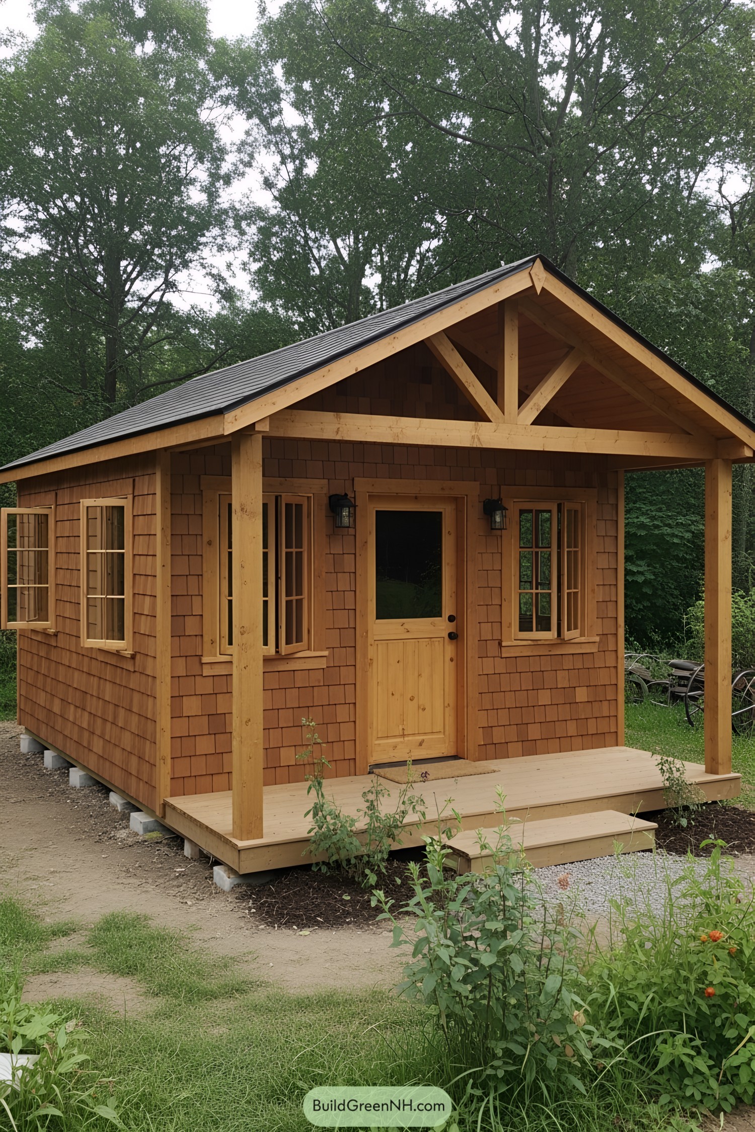 Small wooden cabin with a porch and windows in a forest setting