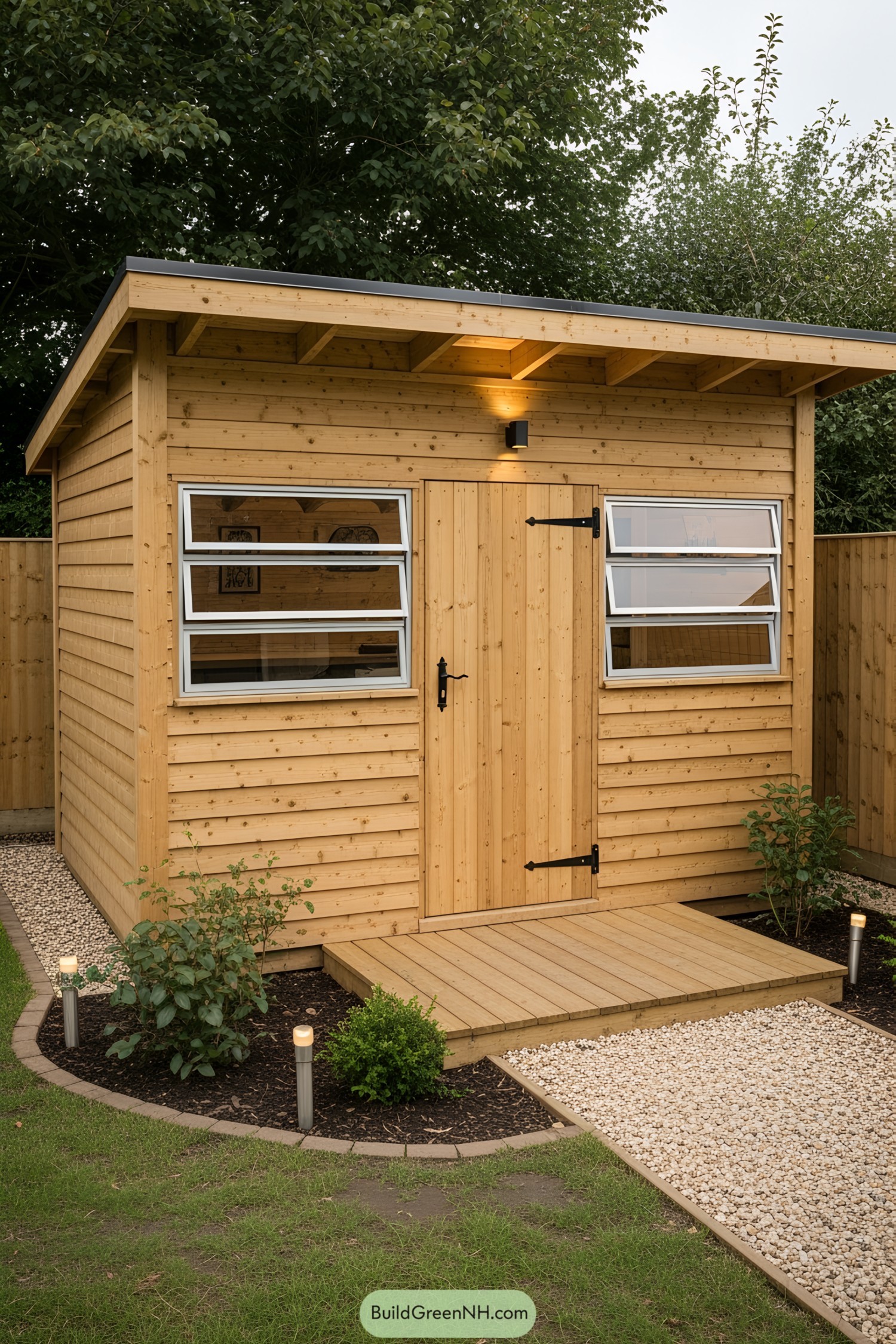 Small wooden shed with two windows and a door, nestled in a garden