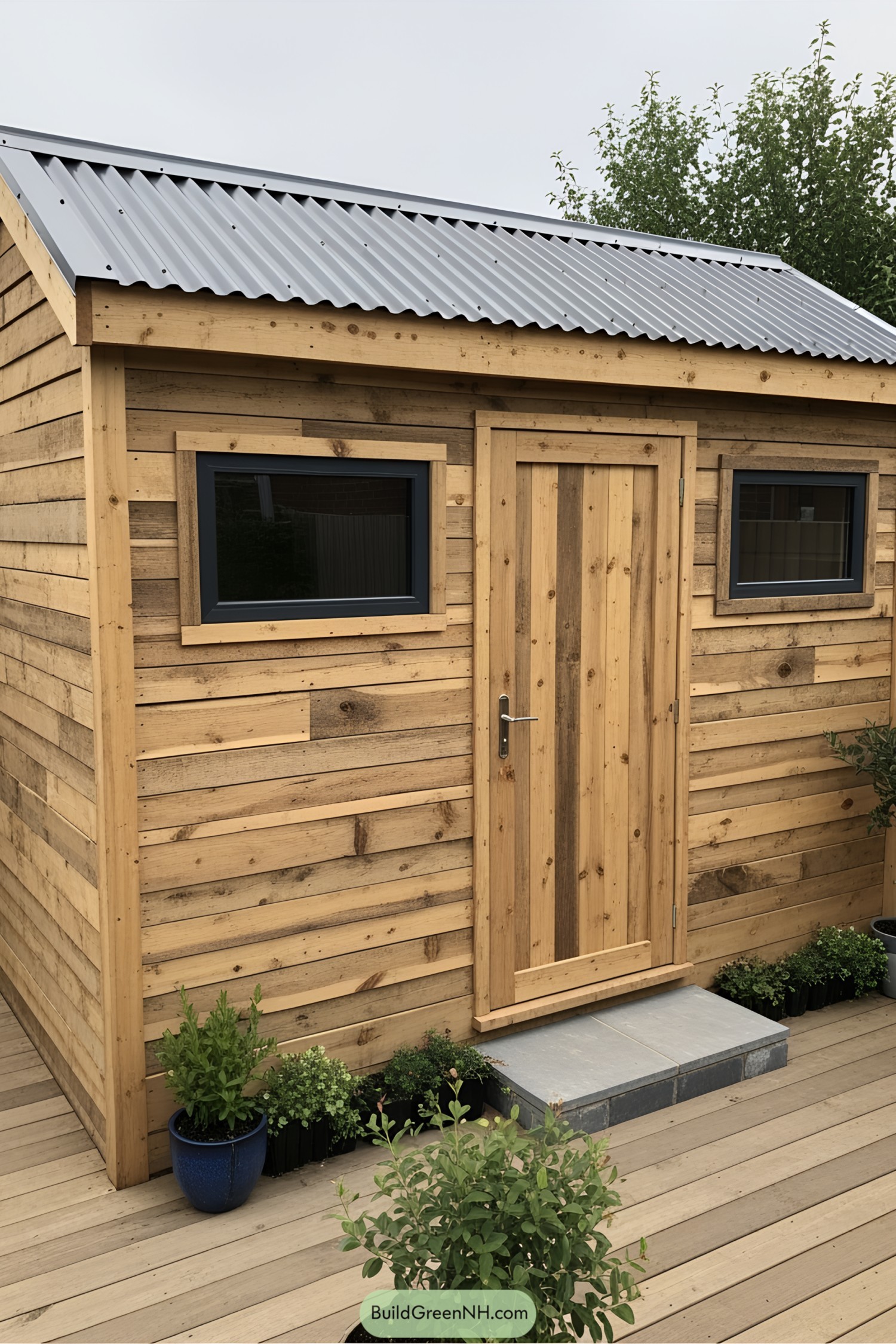 Wooden shed with two windows and plants