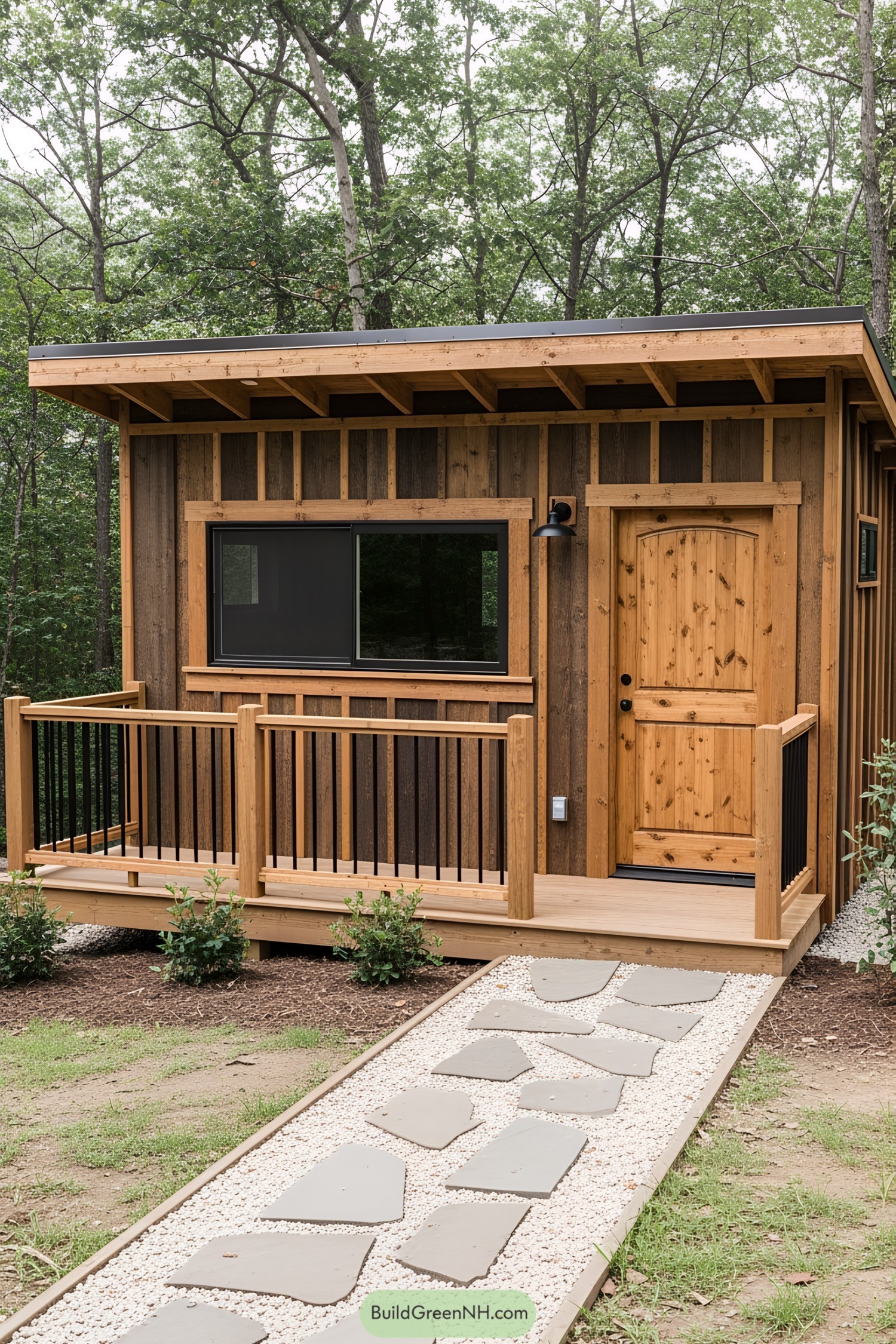 Small wooden shed with a front porch in a forest setting